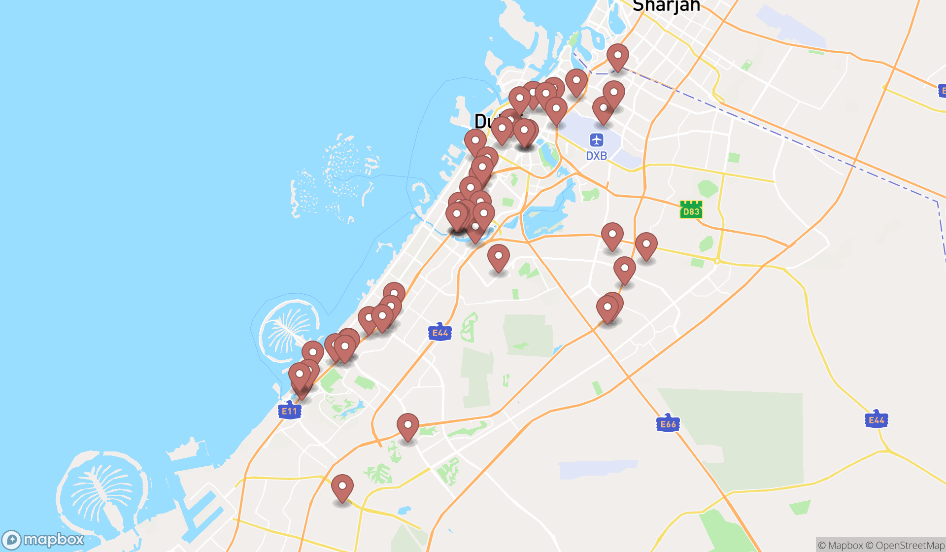 Map showing the search results in Dubai