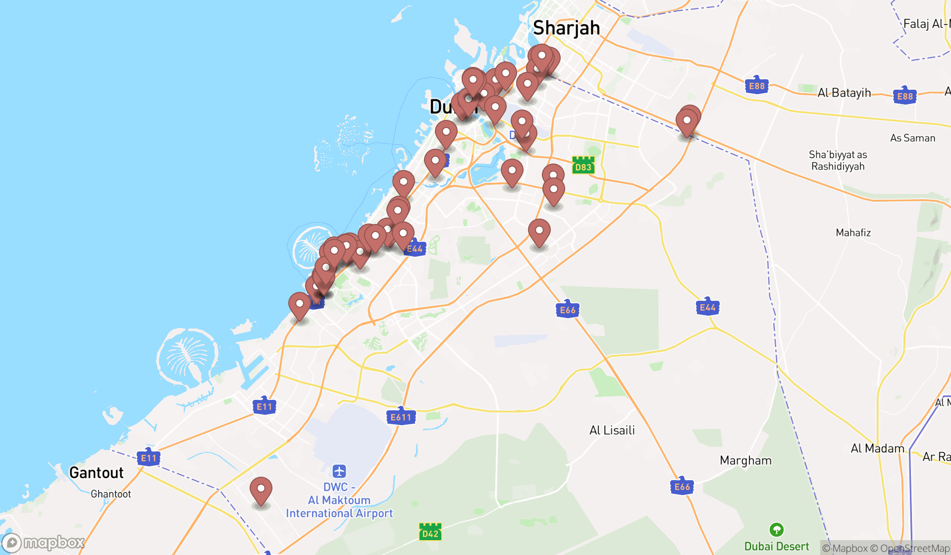 Map showing the search results in Dubai