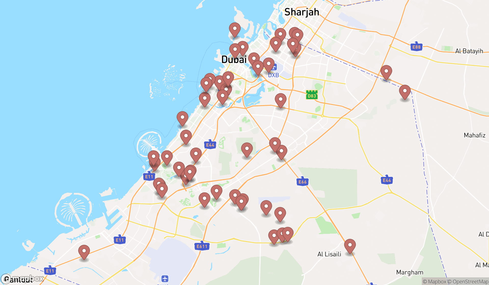Map showing the search results in Dubai