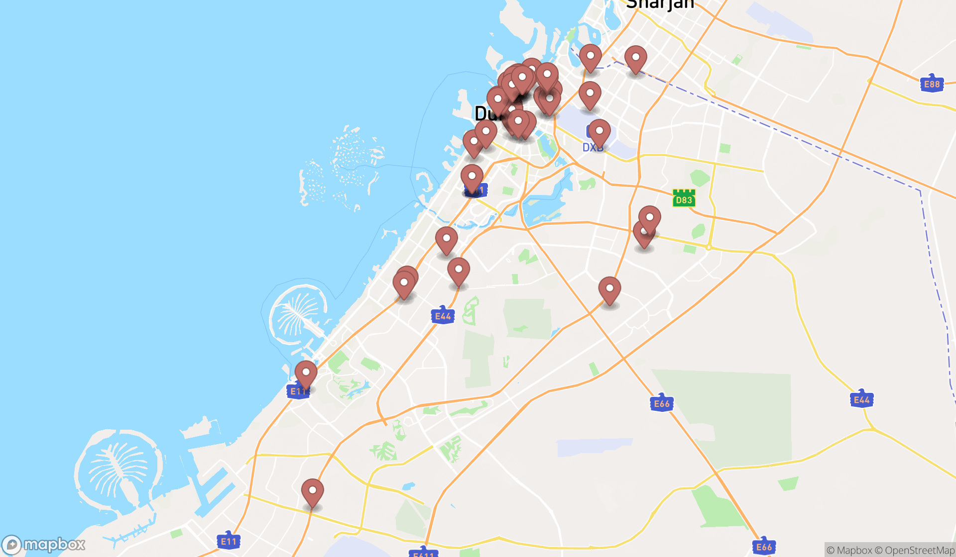 Map showing the search results in Dubai