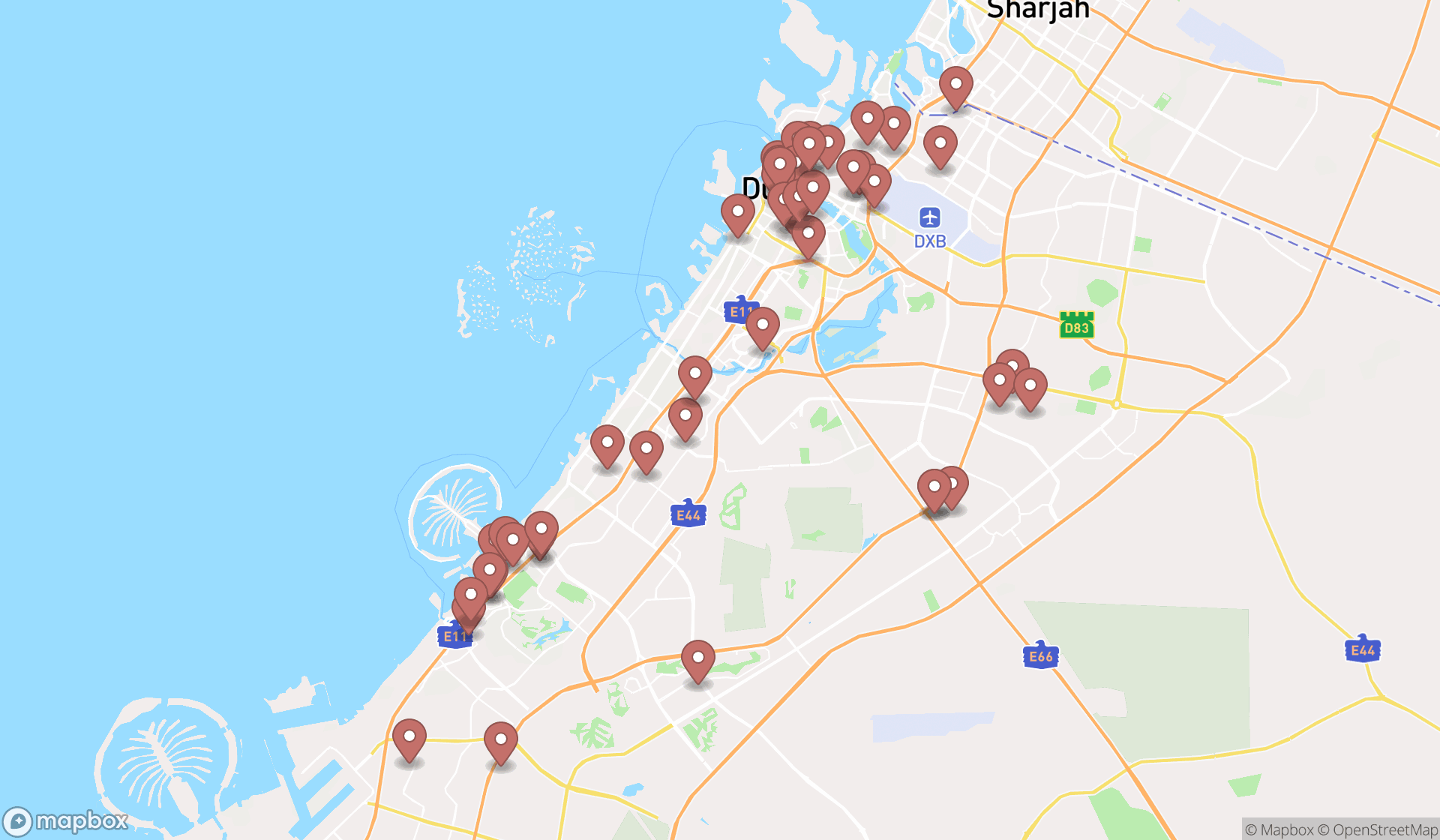 Map showing the search results in Dubai