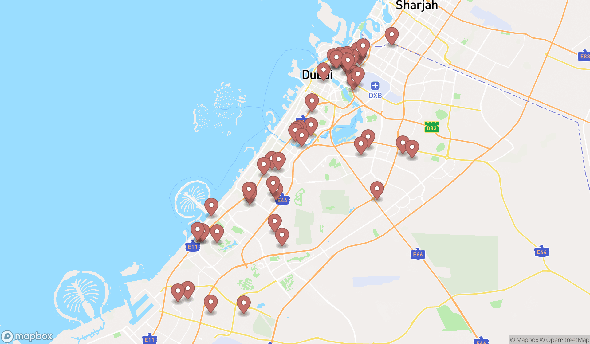 Map showing the search results in Dubai
