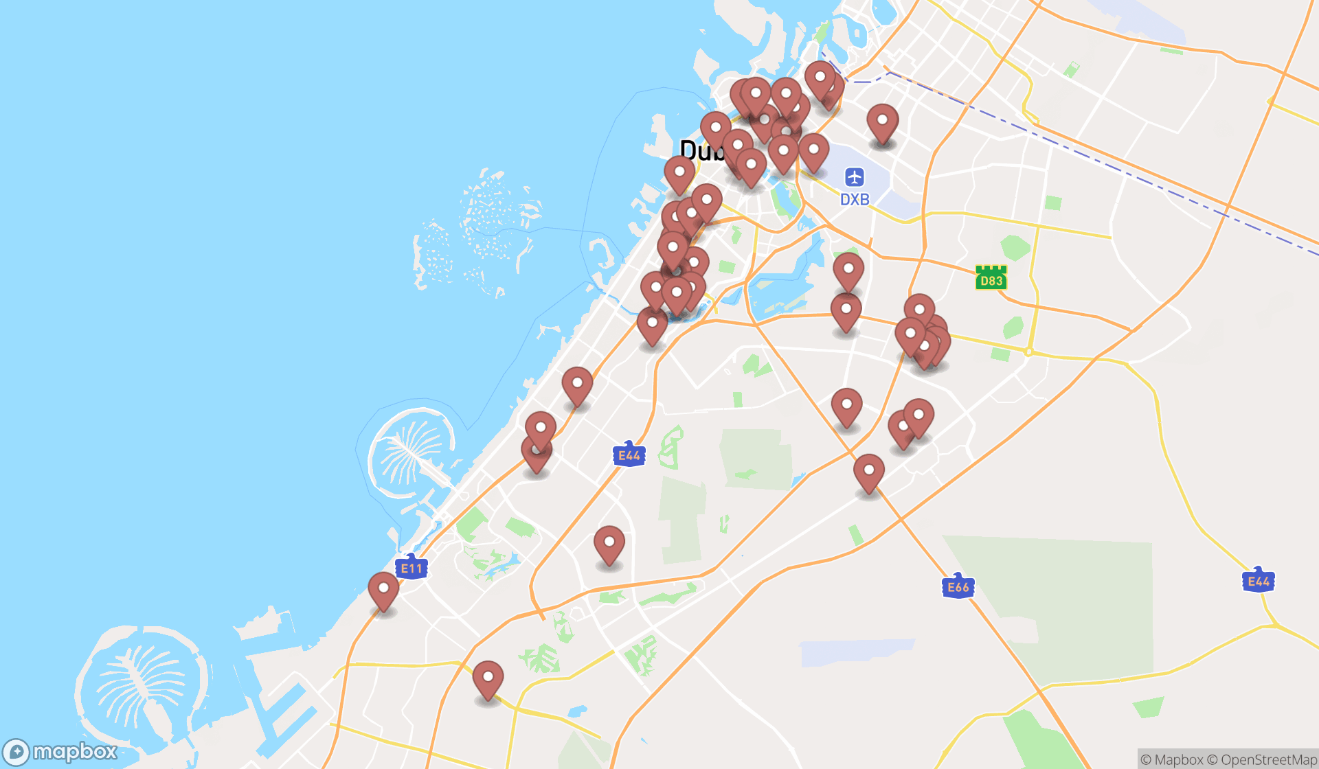 Map showing the search results in Dubai