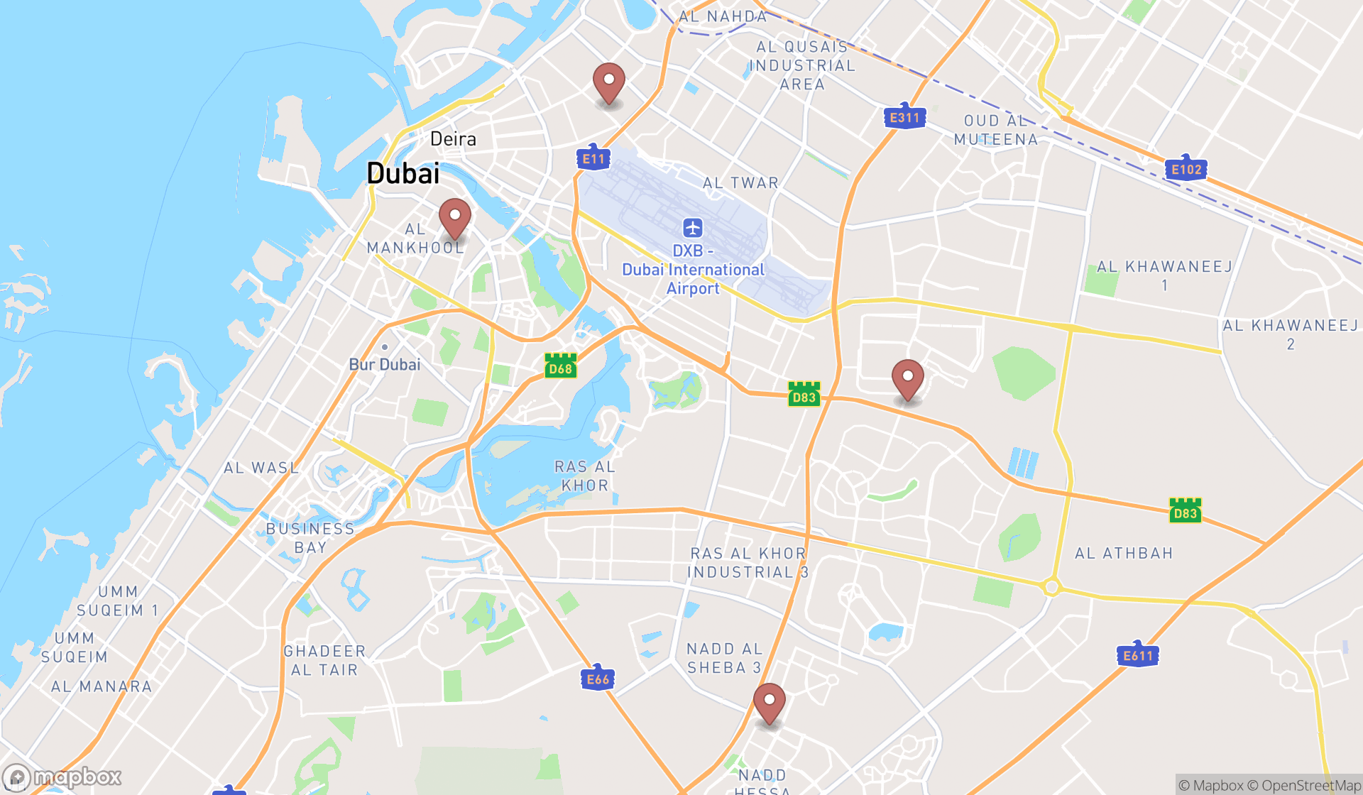 Map showing the search results in Dubai