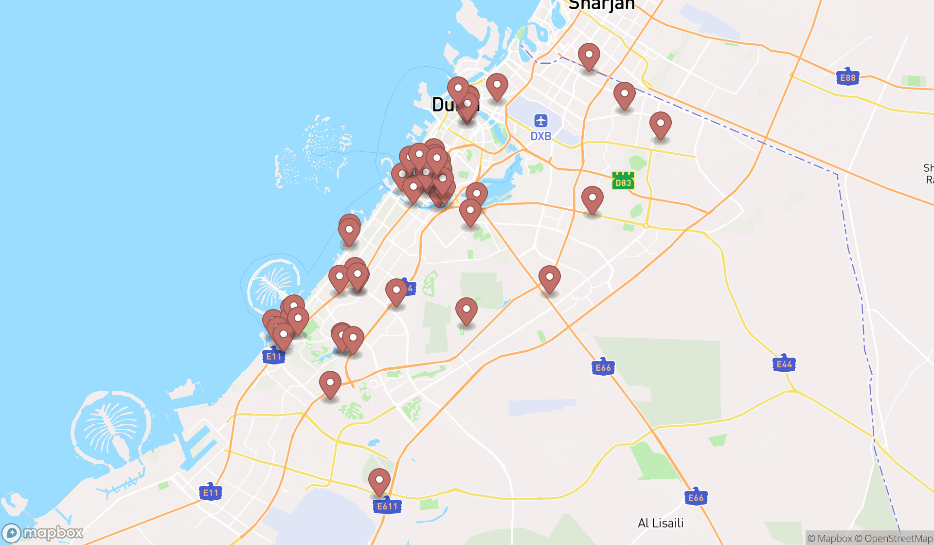 Map showing the search results in Dubai