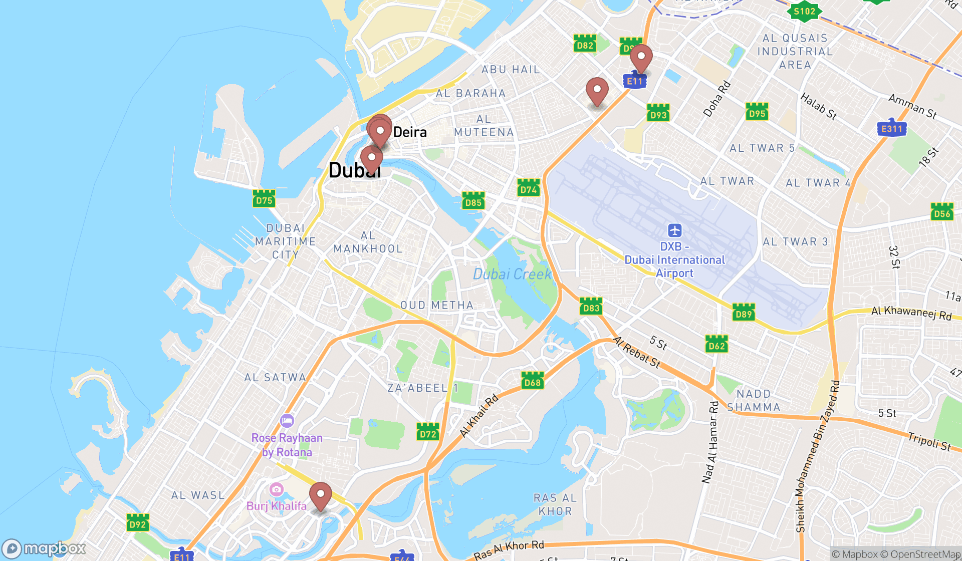 Map showing the search results in Dubai