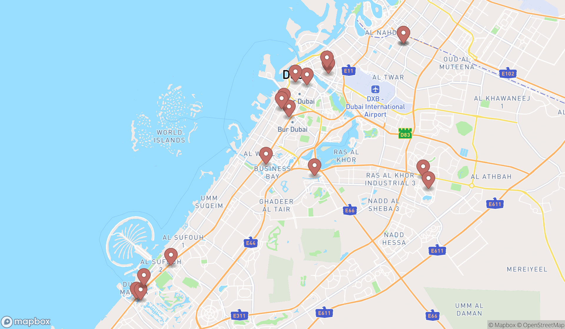 Map showing the search results in Dubai