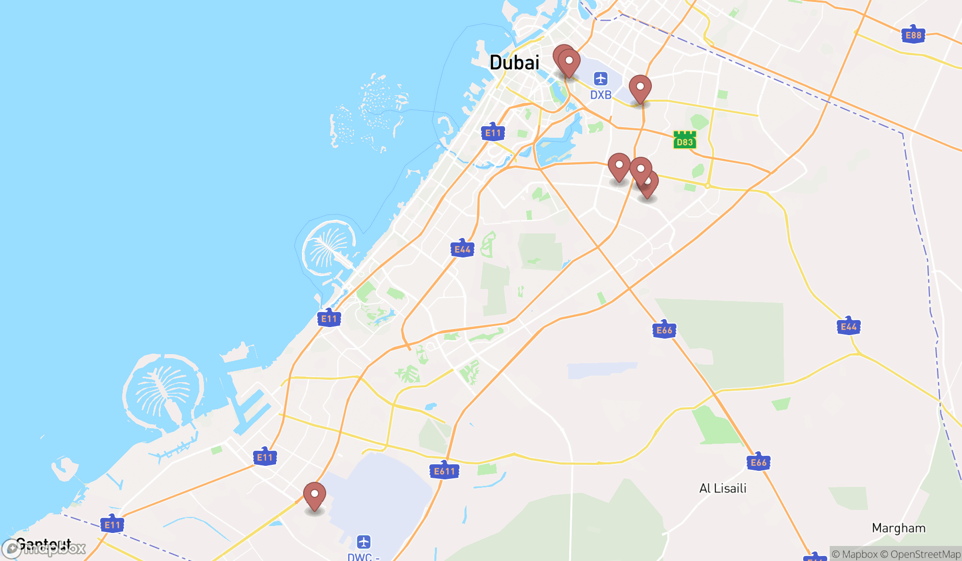 Map showing the search results in Dubai