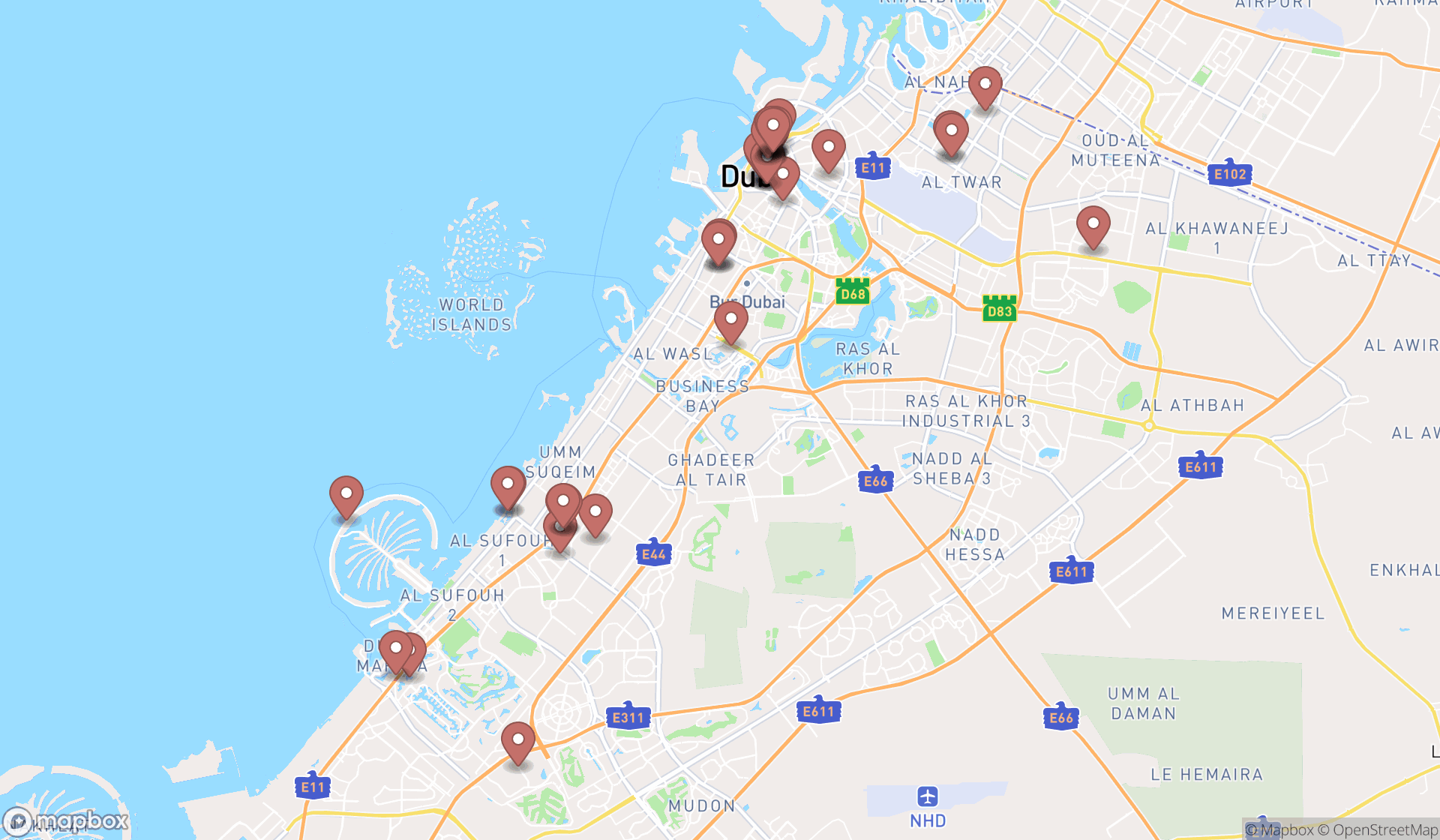 Map showing the search results in Dubai