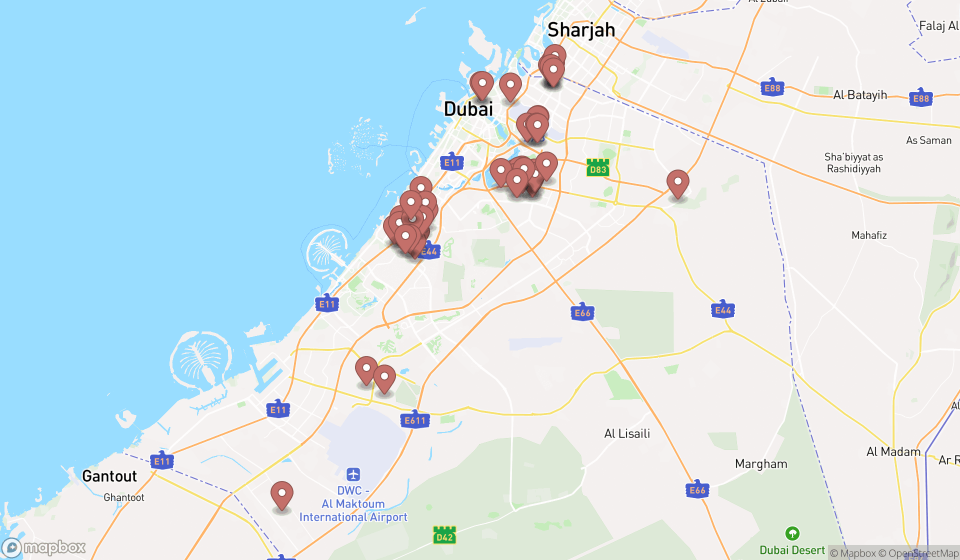 Map showing the search results in Dubai