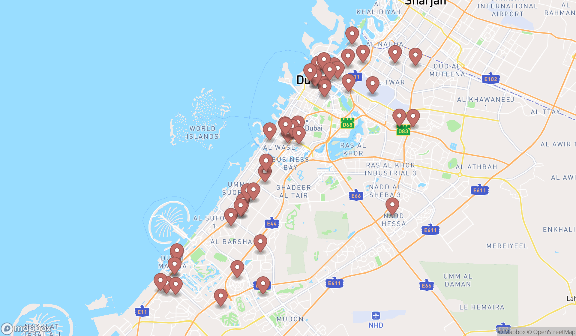 Map showing the search results in Dubai