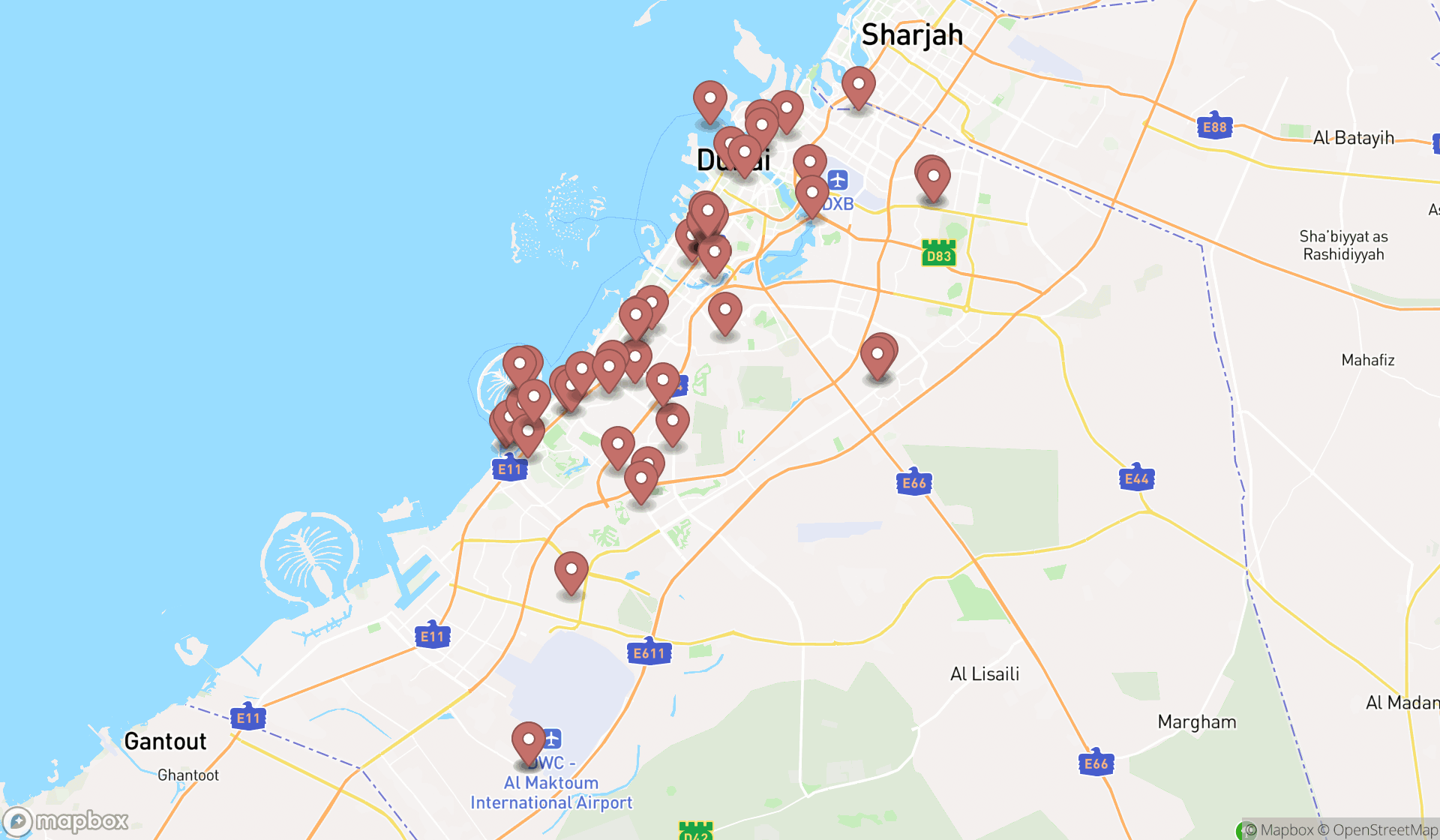 Map showing the search results in Dubai
