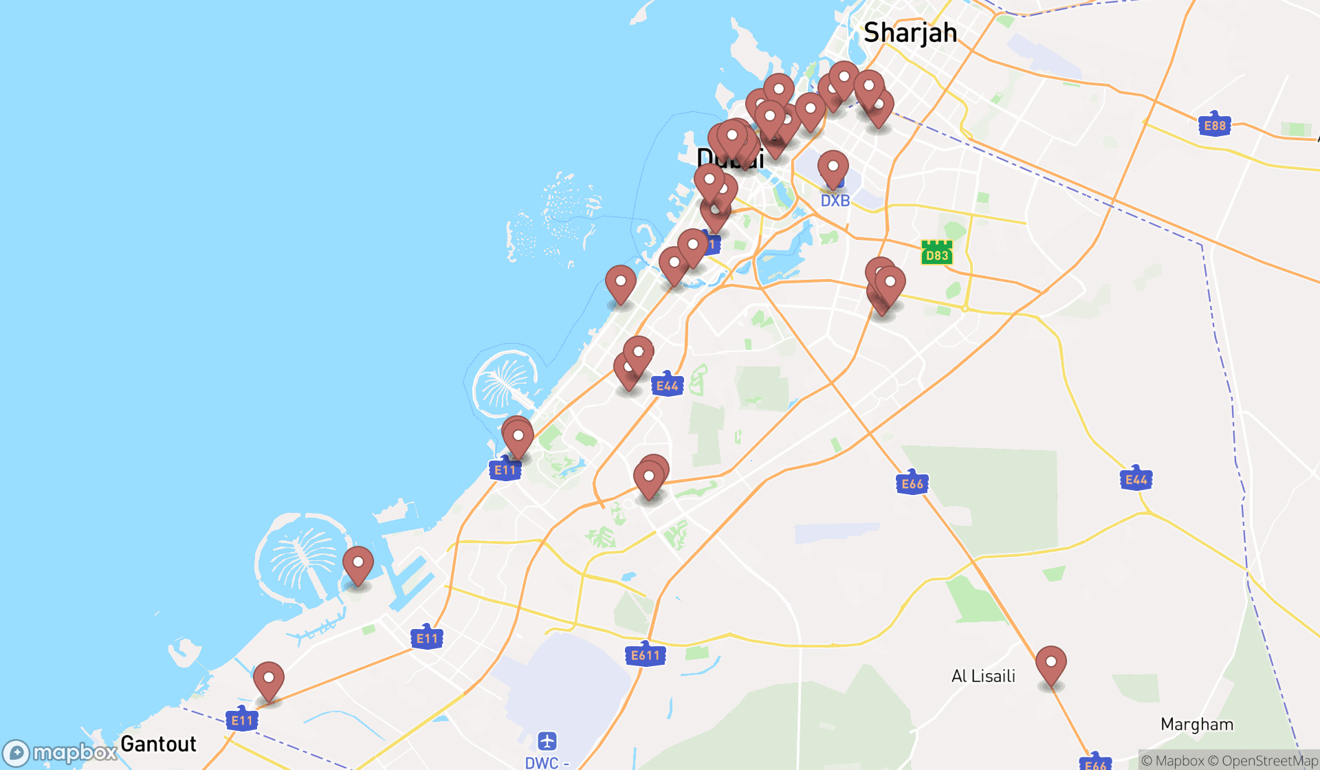 Map showing the search results in Dubai
