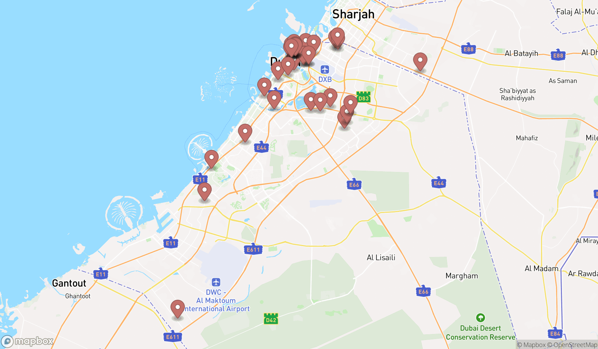 Map showing the search results in Dubai