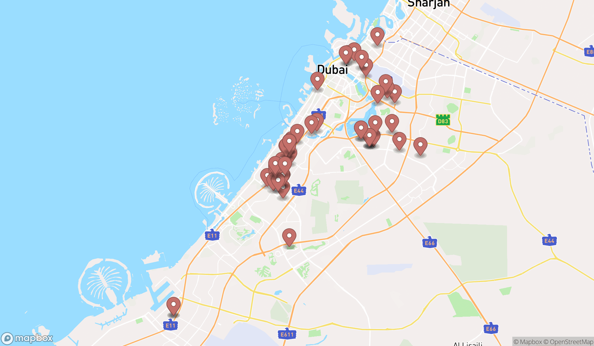 Map showing the search results in Dubai