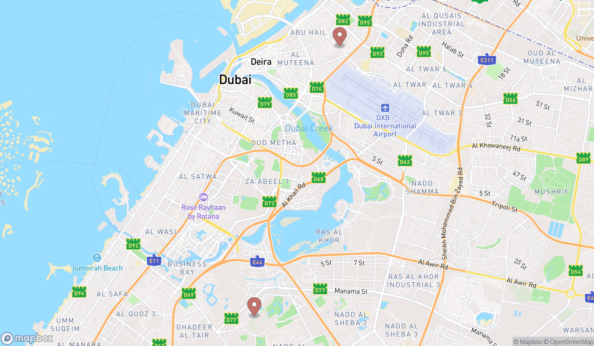 Map showing the search results in Dubai