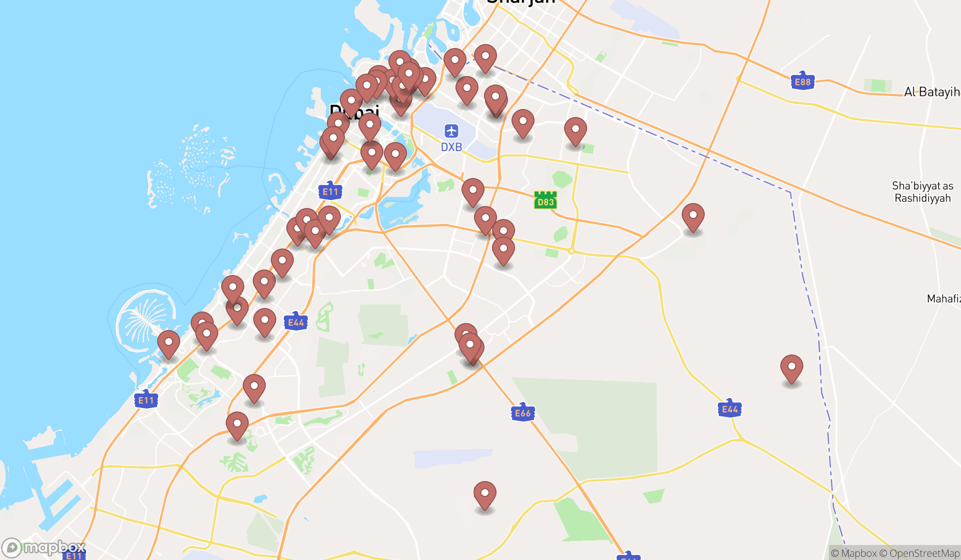 Map showing the search results in Dubai