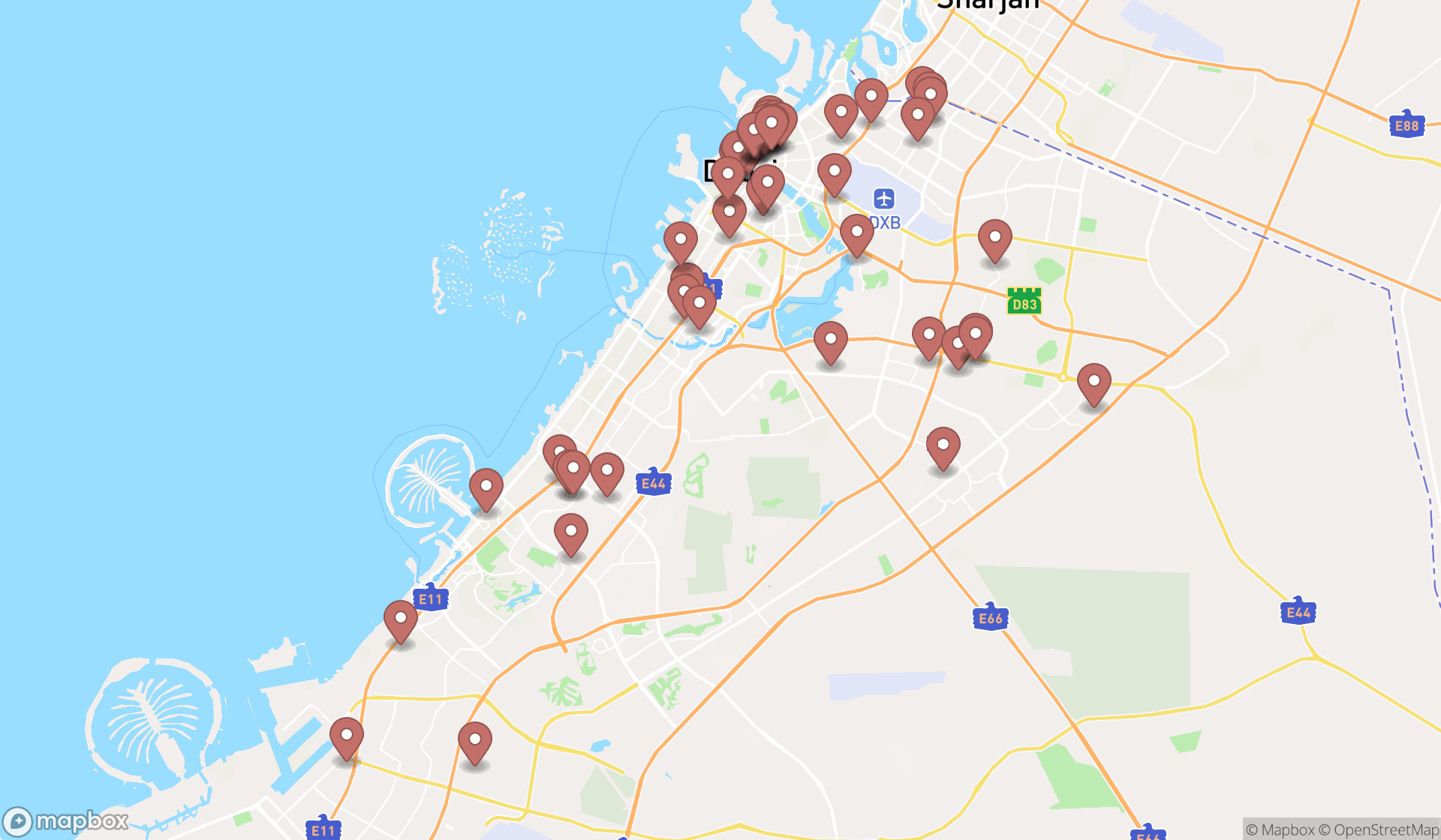 Map showing the search results in Dubai