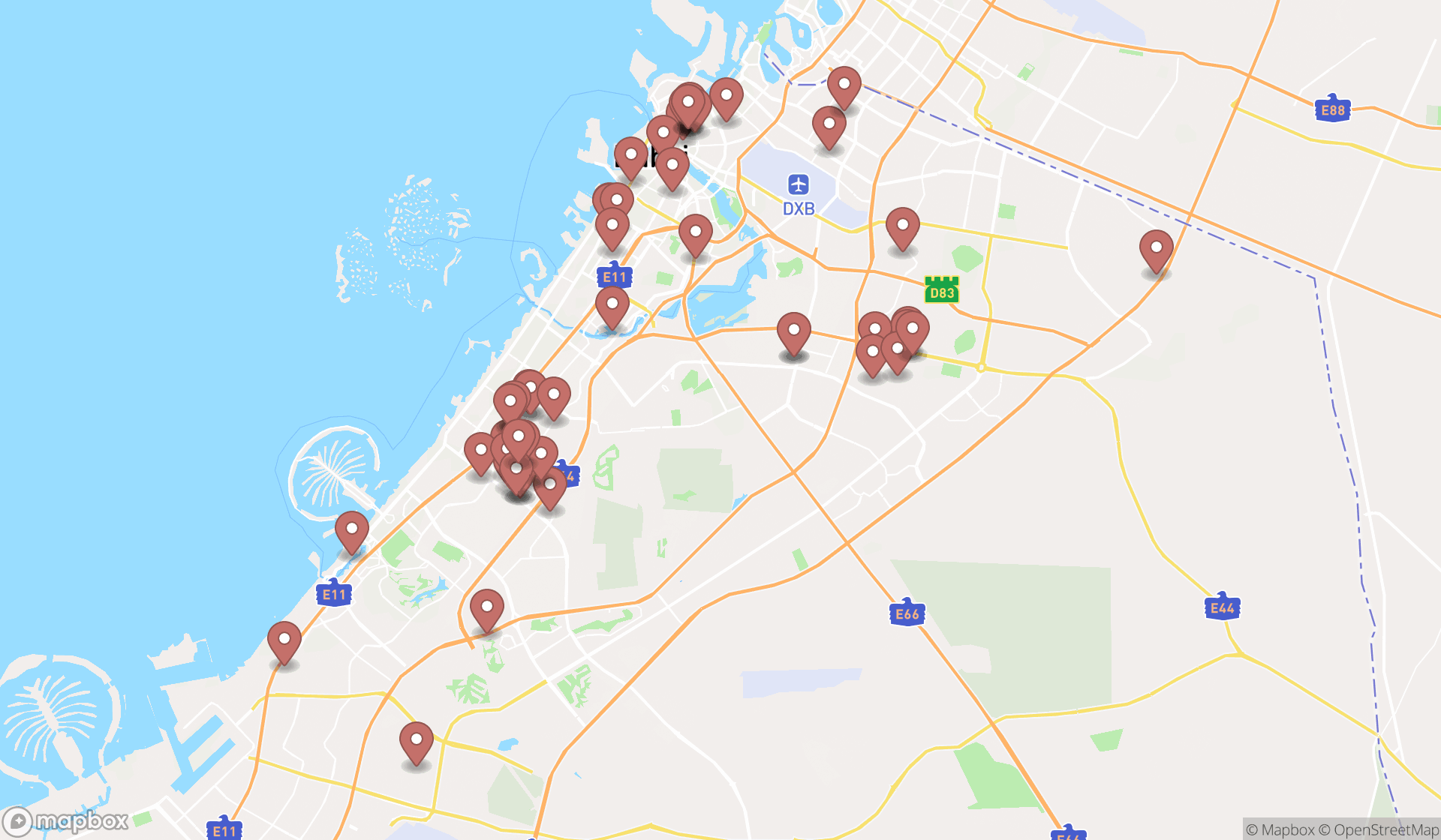 Map showing the search results in Dubai