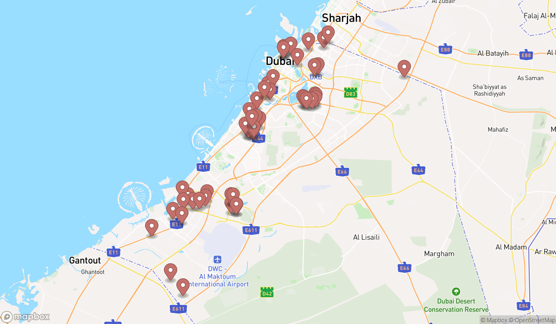 Map showing the search results in Dubai