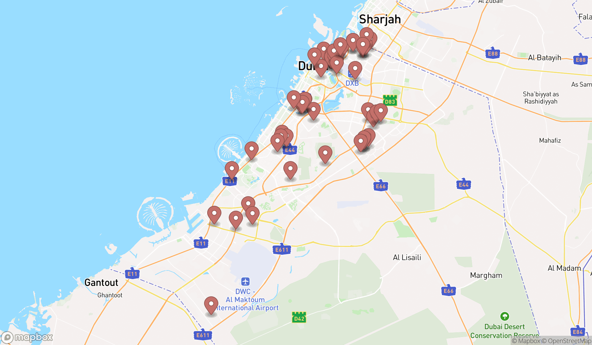 Map showing the search results in Dubai