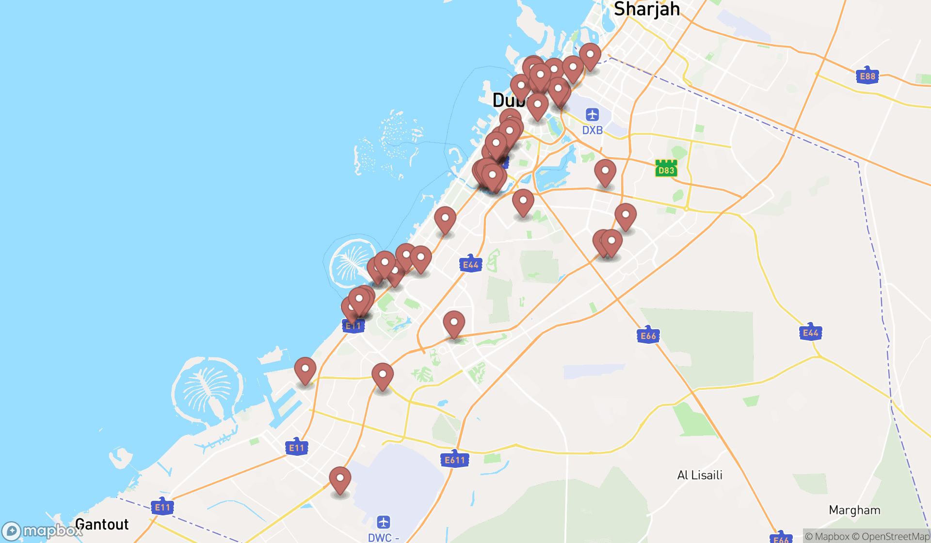 Map showing the search results in Dubai
