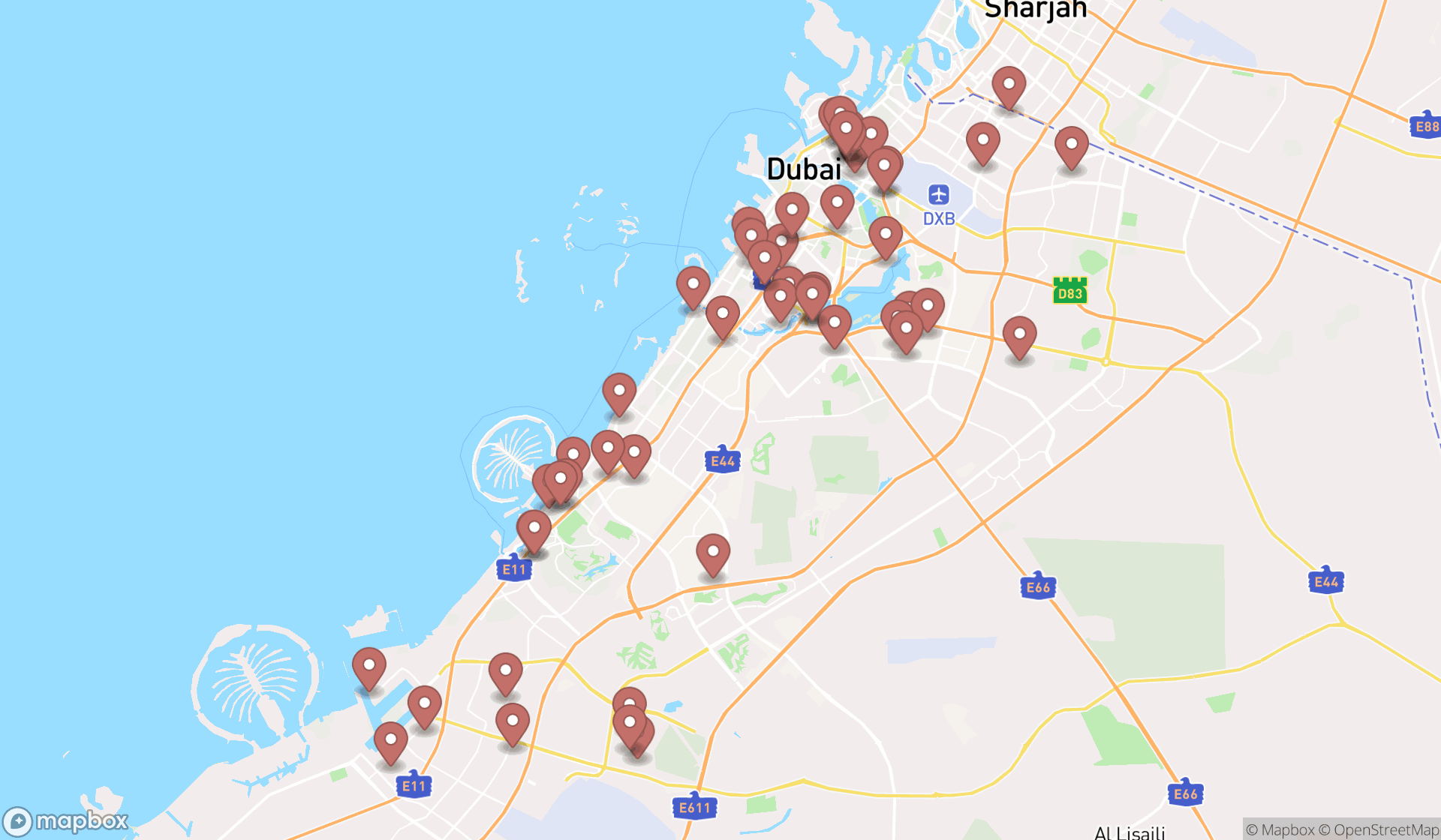 Map showing the search results in Dubai