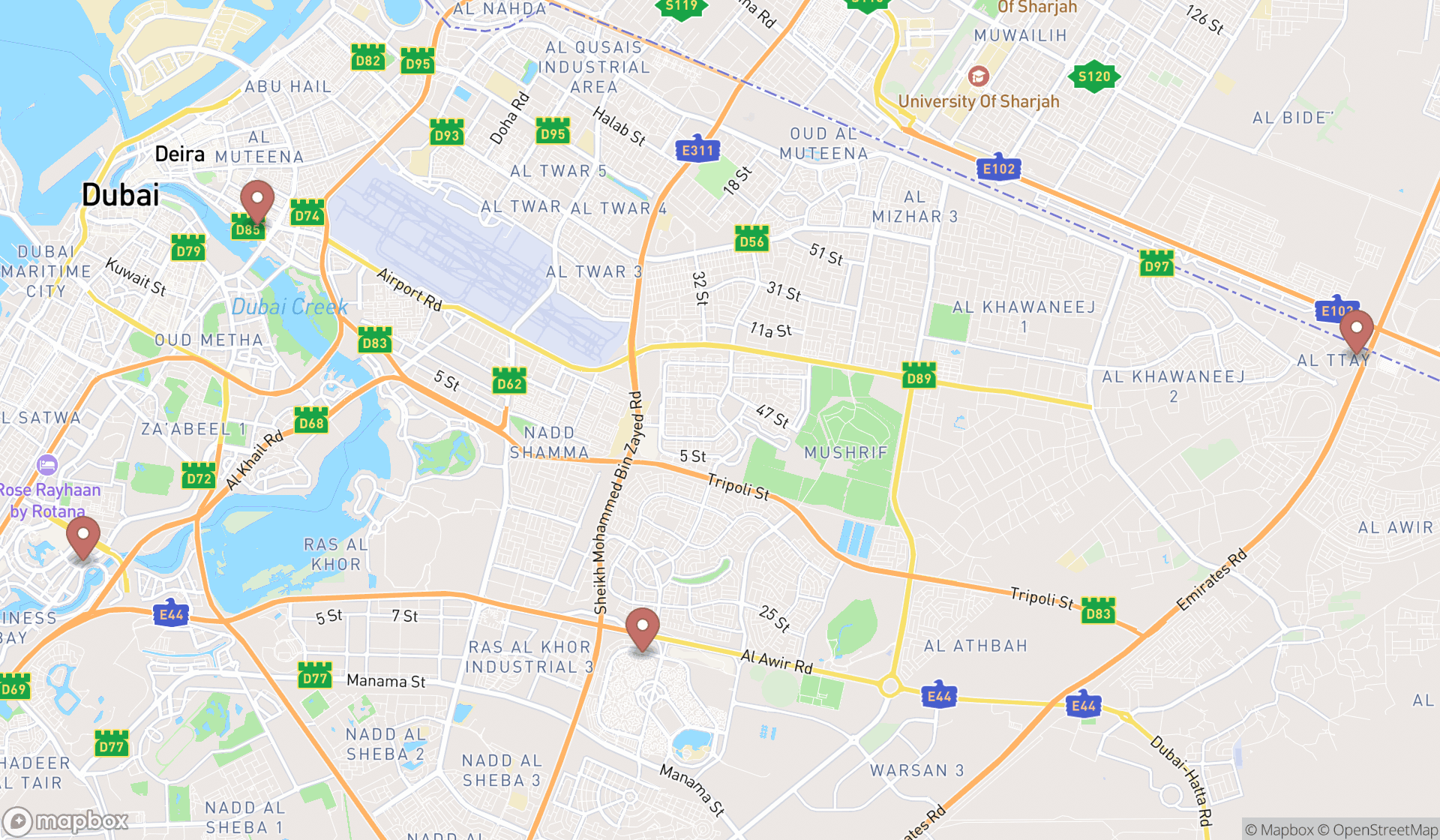 Map showing the search results in Dubai