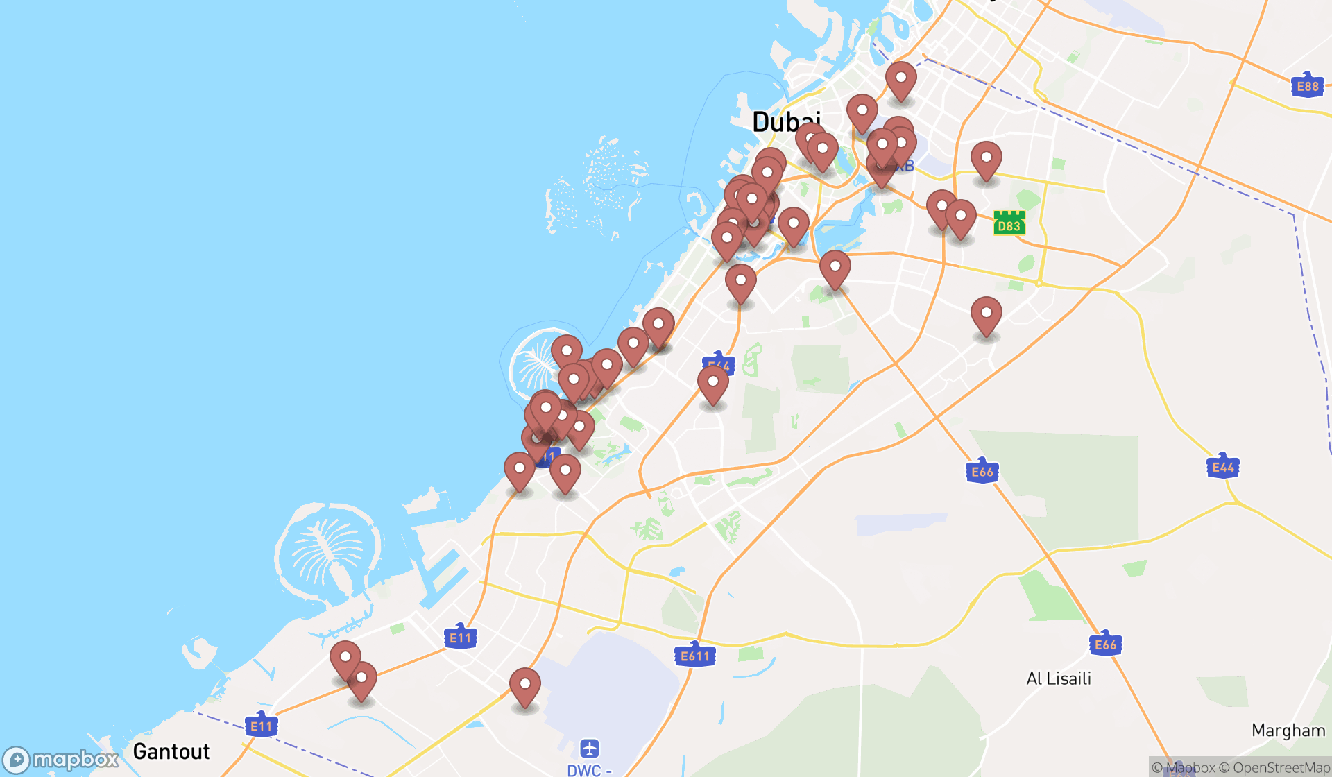 Map showing the search results in Dubai