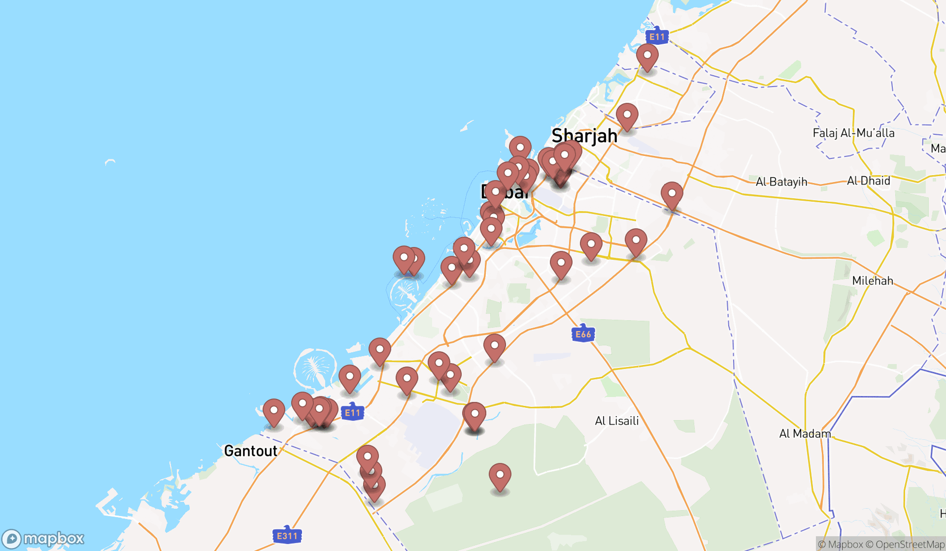 Map showing the search results in Dubai