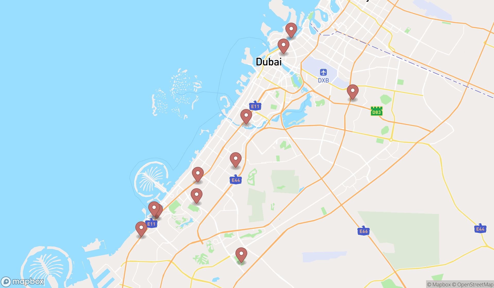 Map showing the search results in Dubai