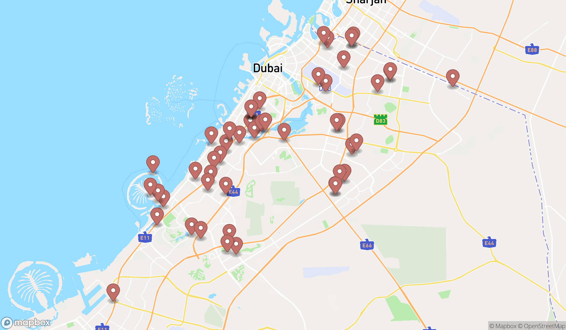 Map showing the search results in Dubai