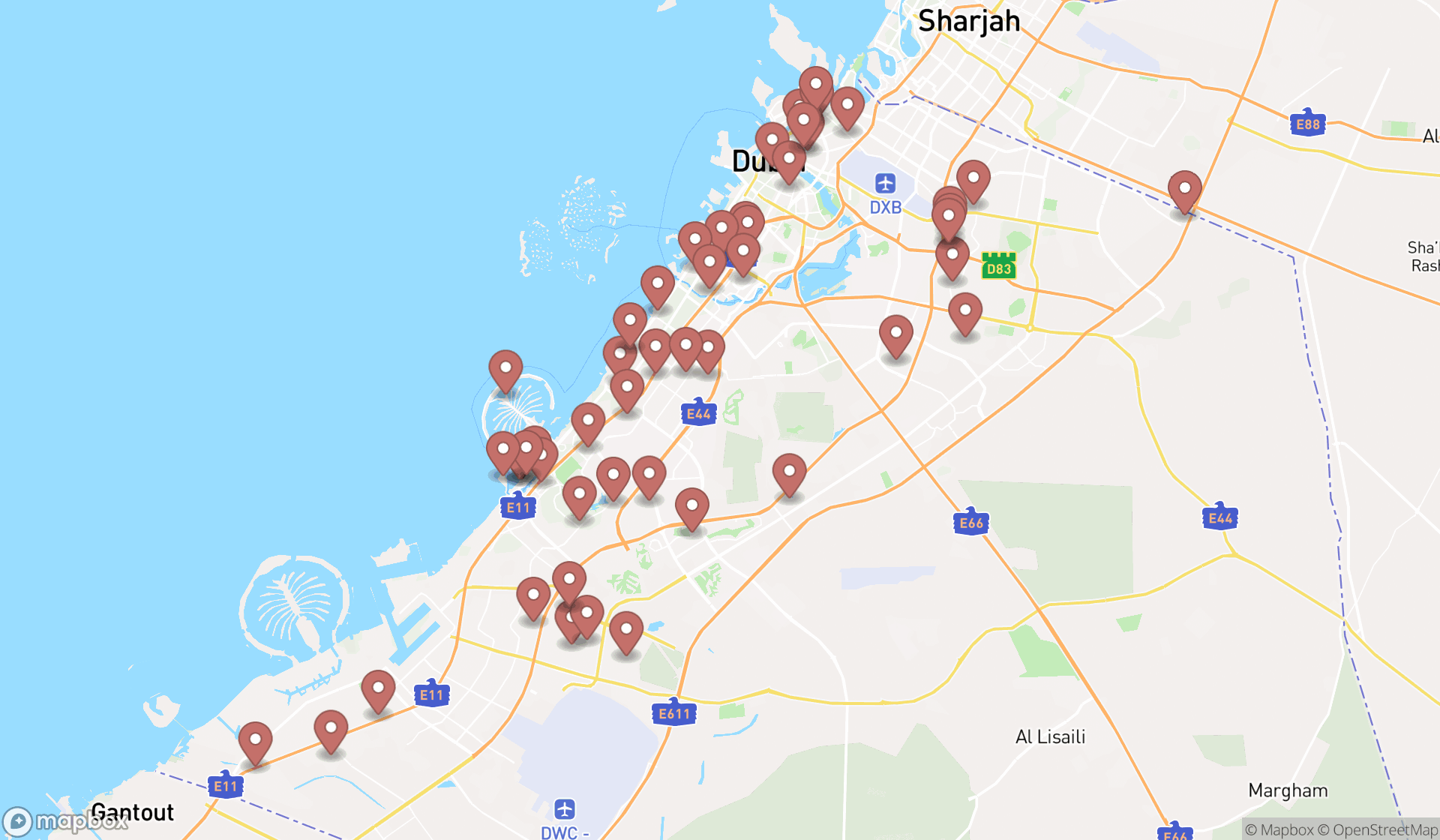 Map showing the search results in Dubai