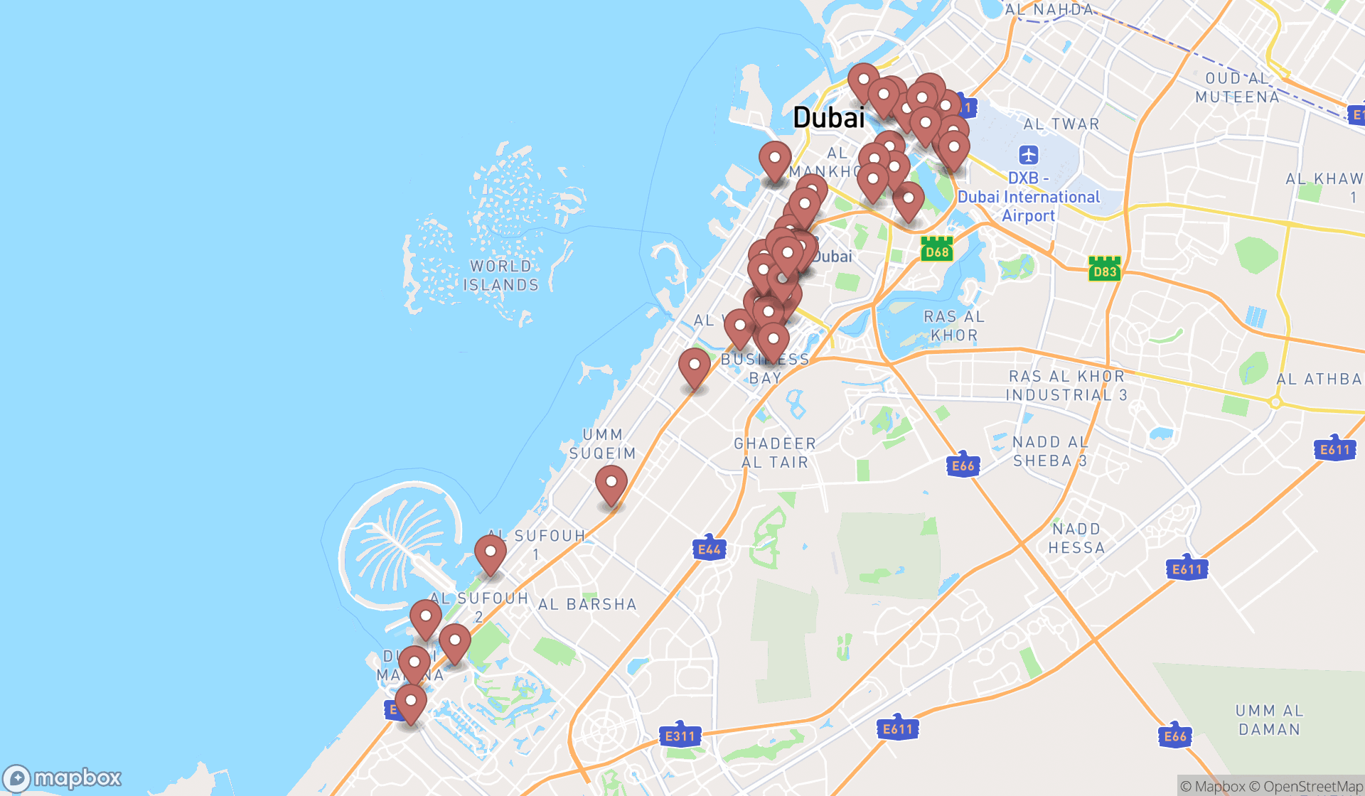 Map showing the search results in Dubai
