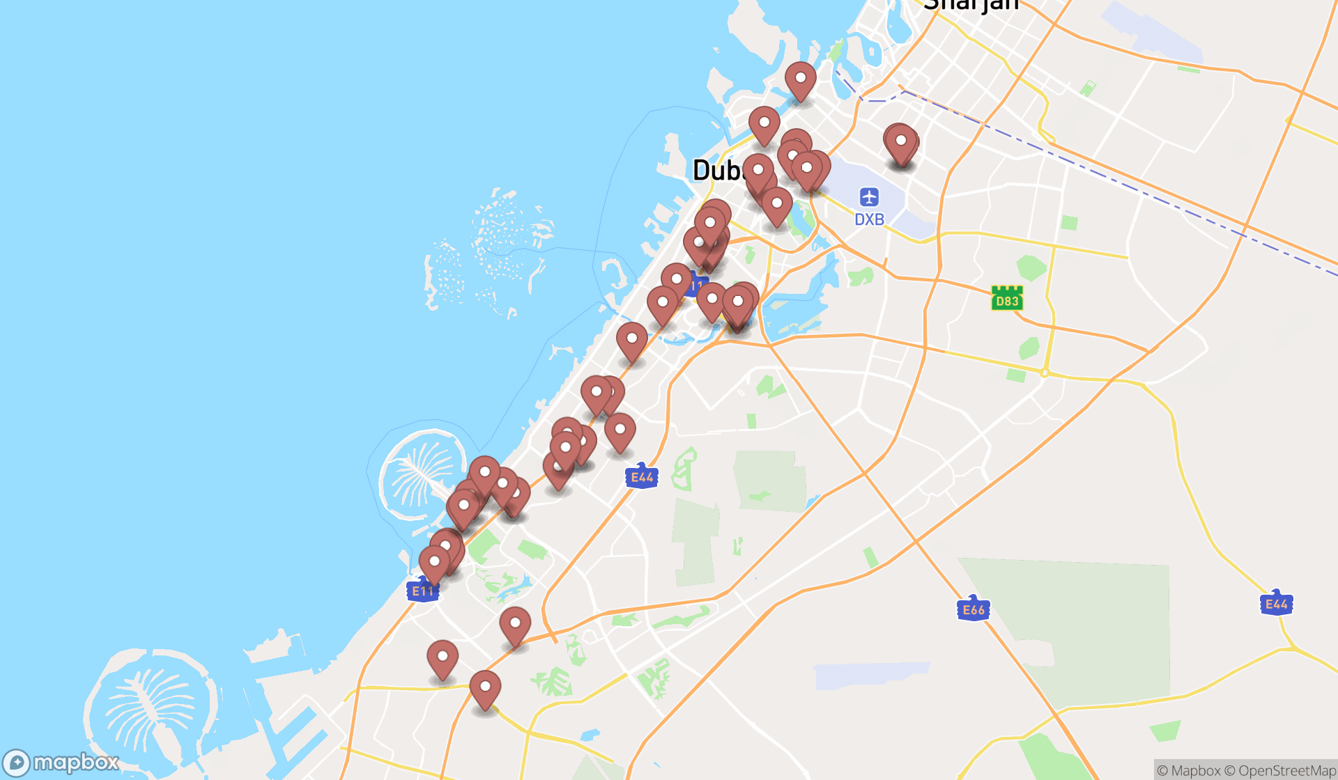 Map showing the search results in Dubai