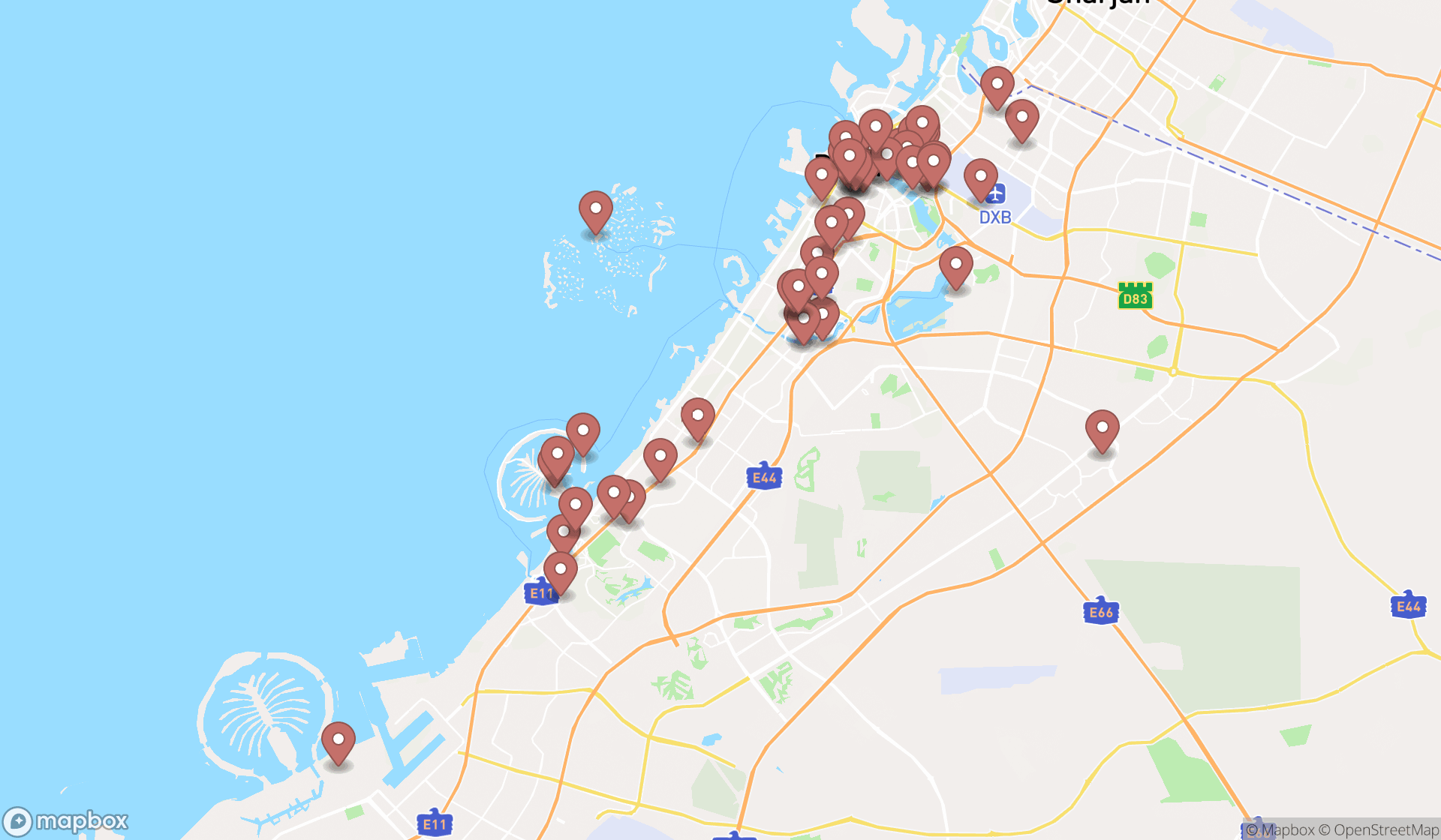 Map showing the search results in Dubai
