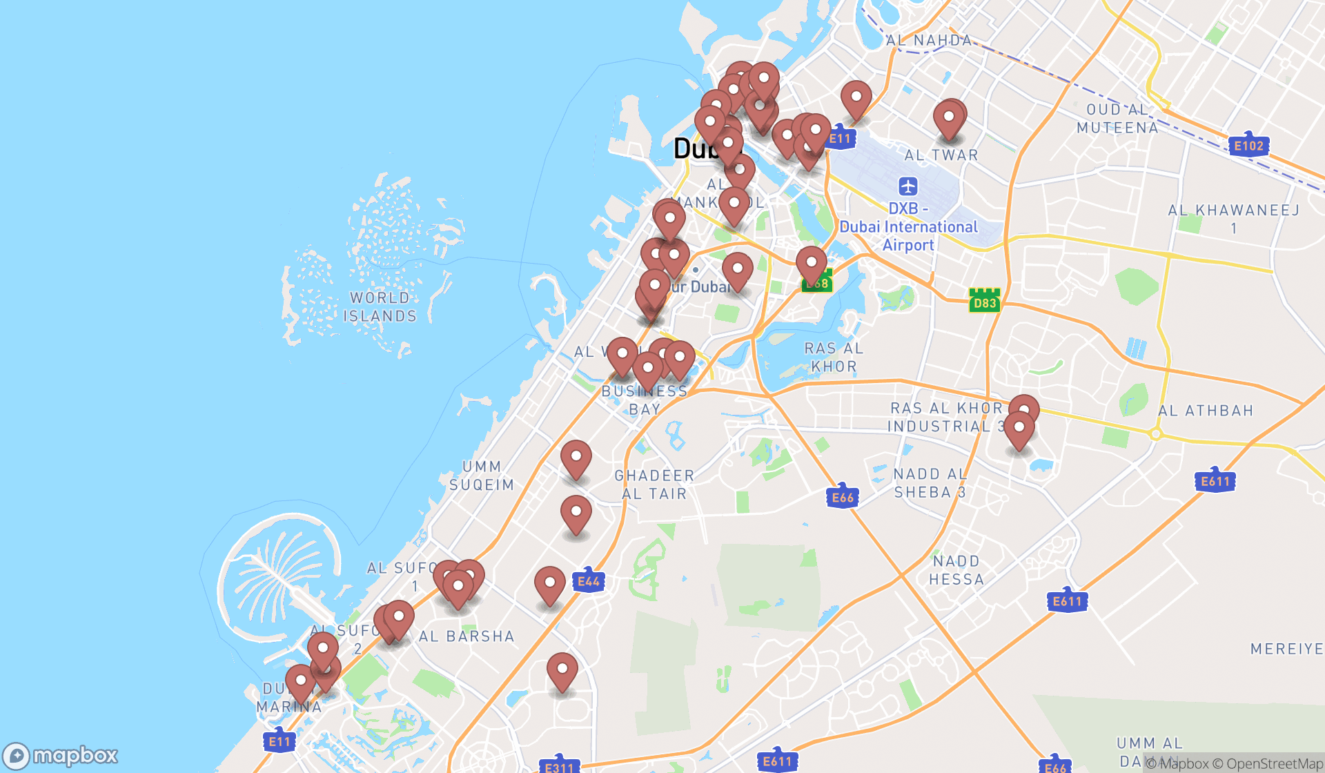 Map showing the search results in Dubai