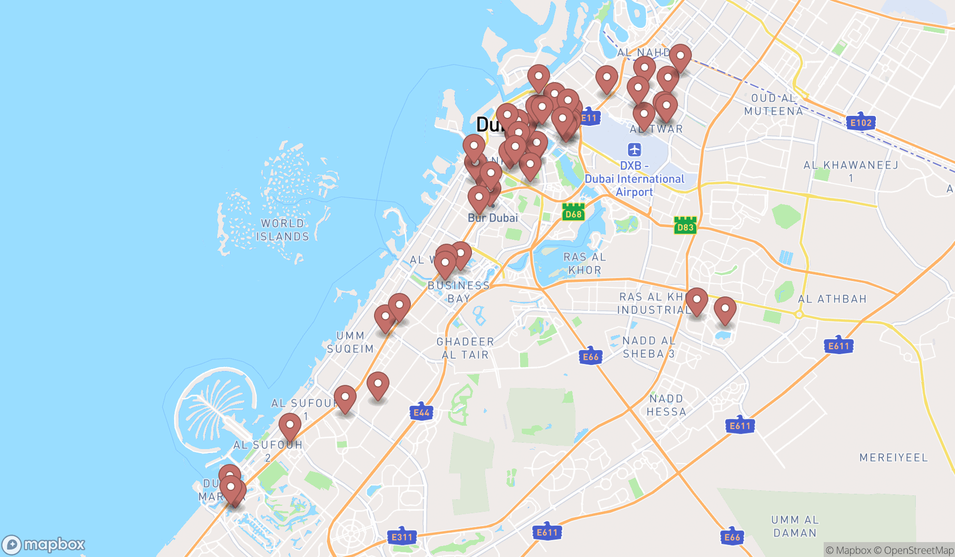 Map showing the search results in Dubai