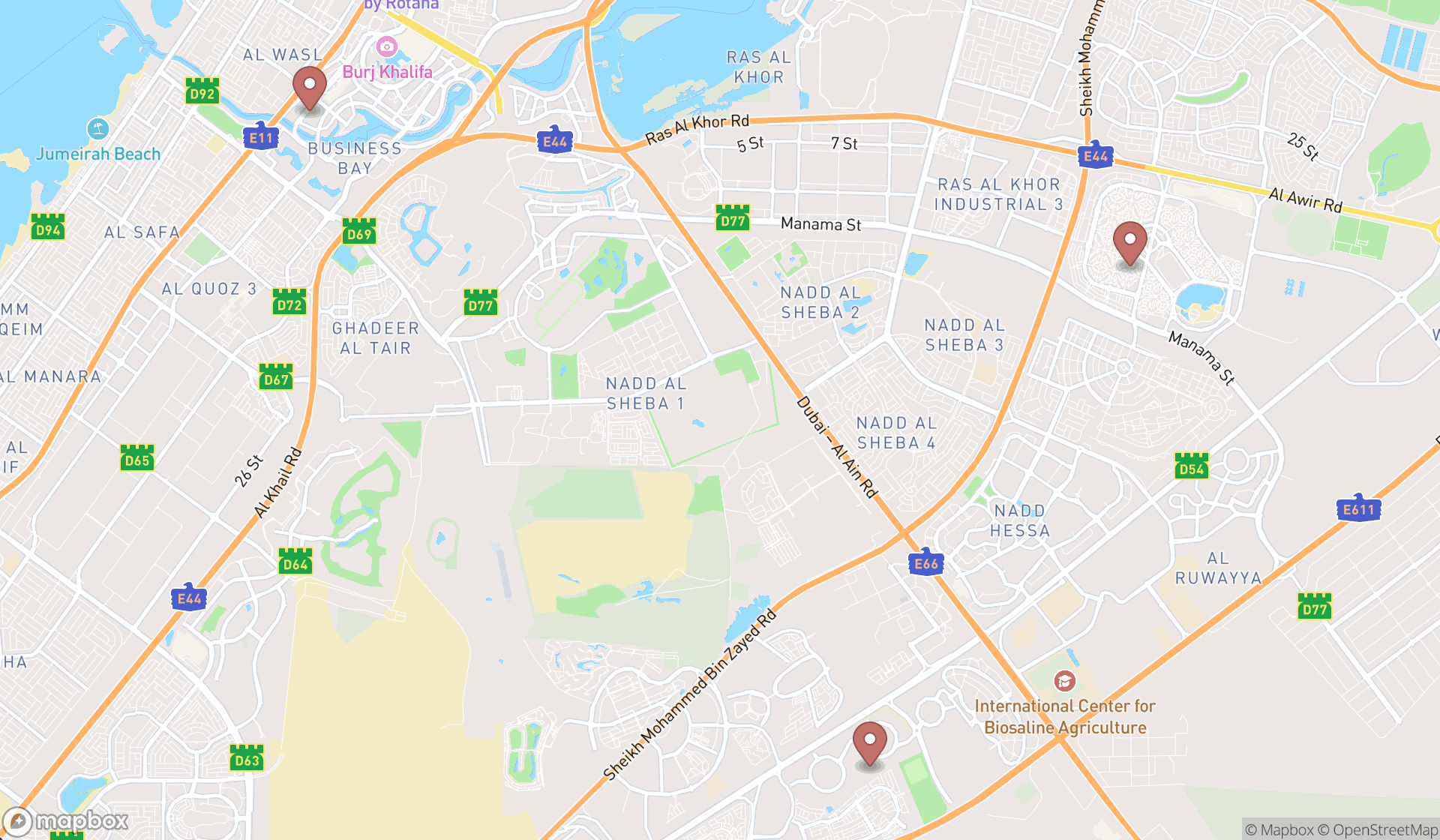 Map showing the search results in Dubai