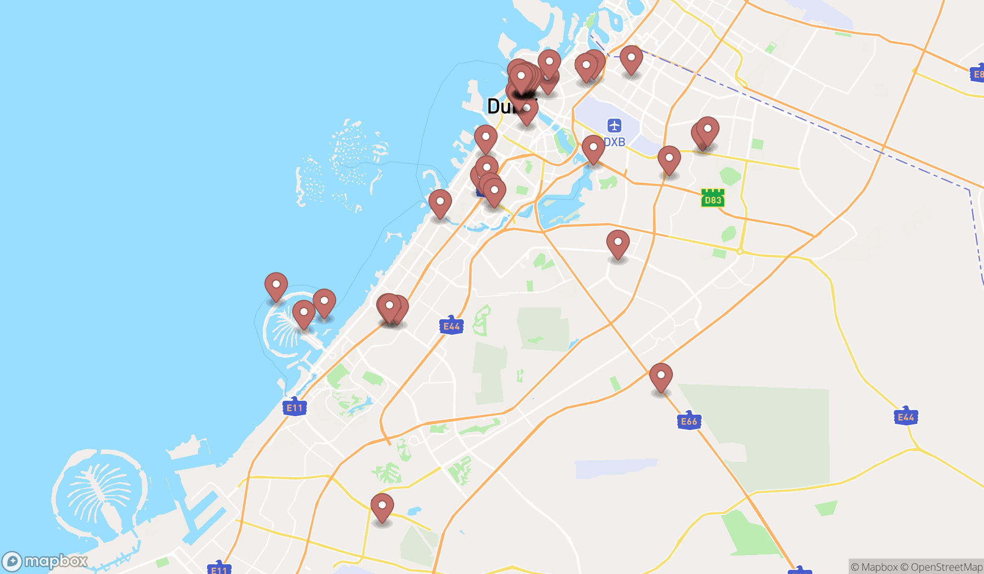 Map showing the search results in Dubai