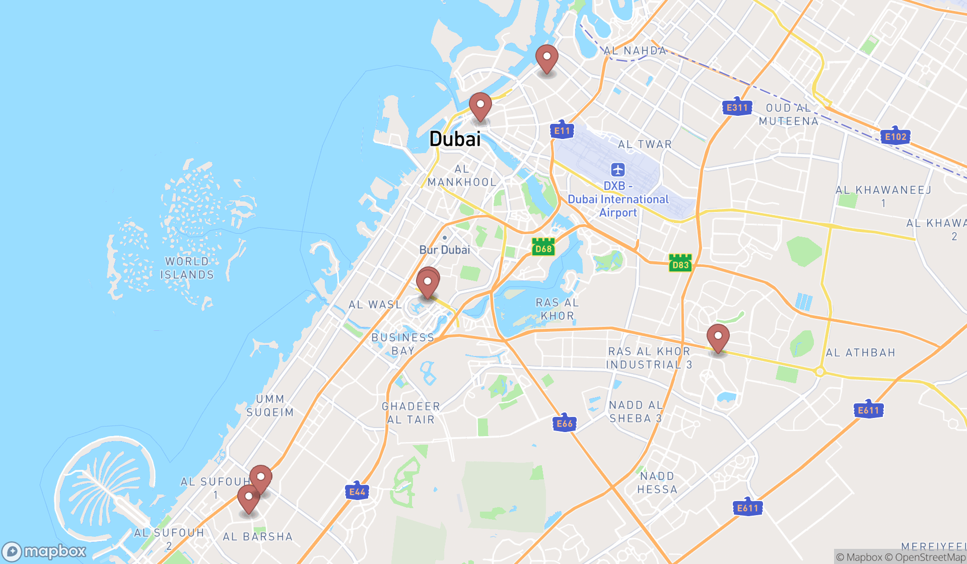 Map showing the search results in Dubai