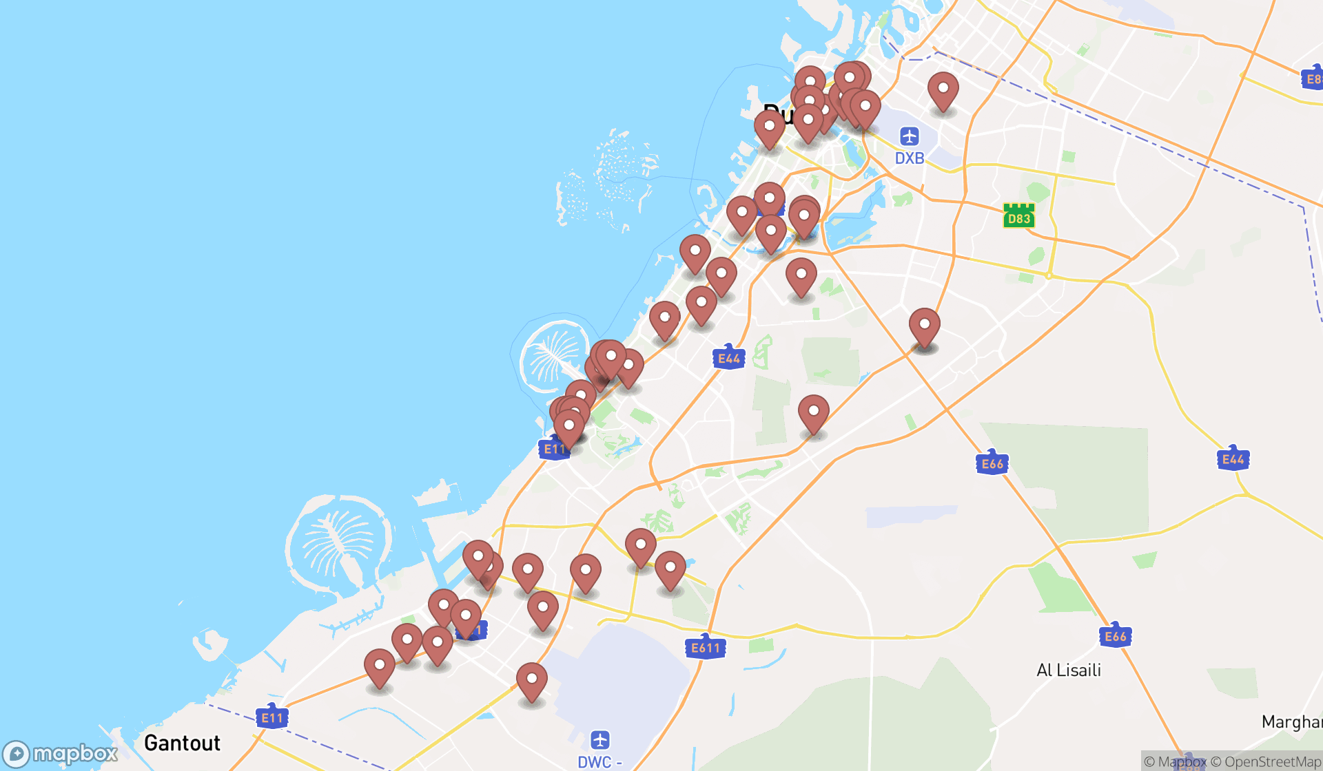 Map showing the search results in Dubai