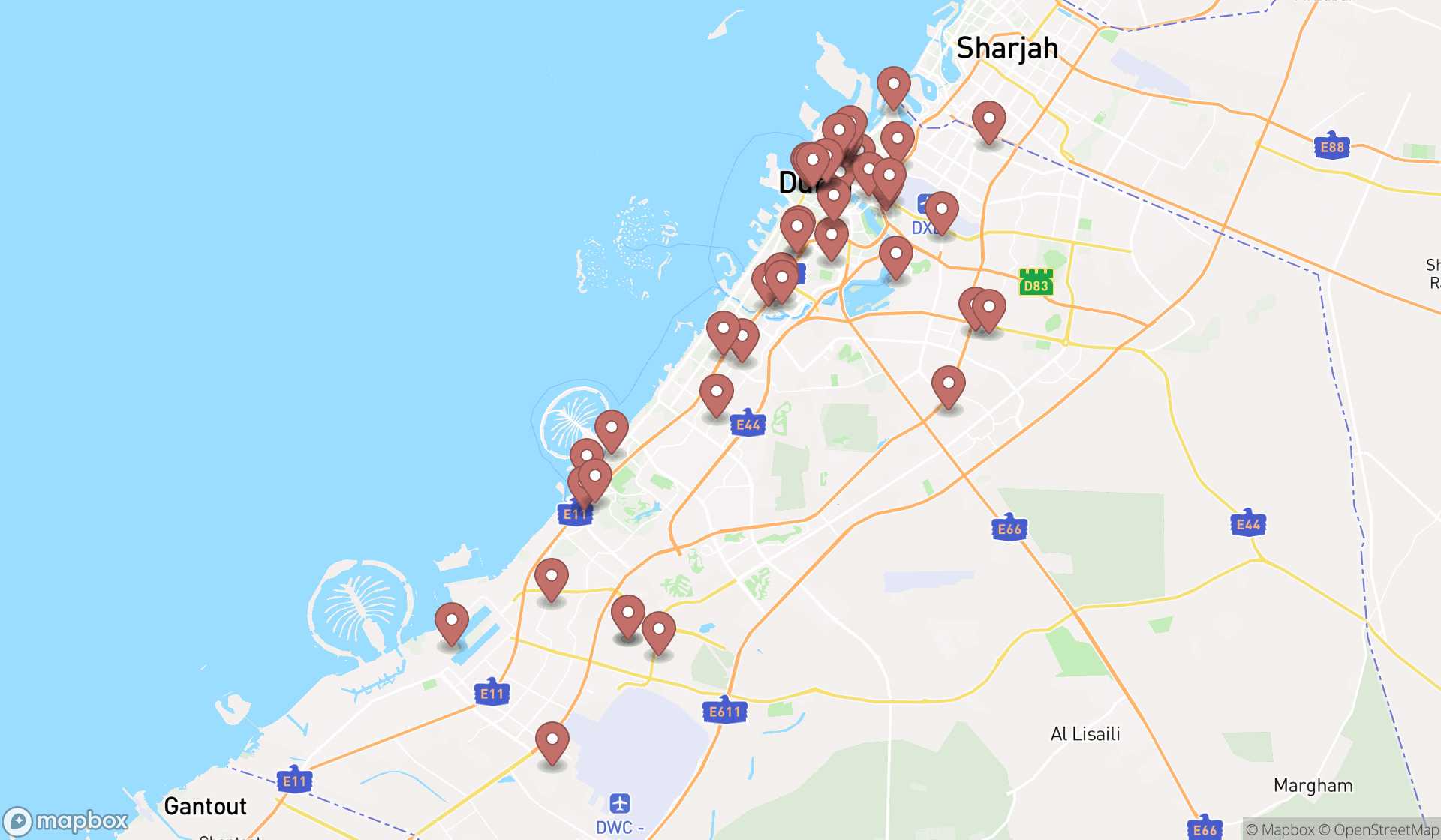 Map showing the search results in Dubai