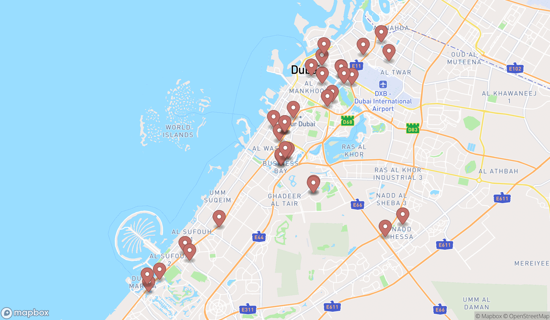 Map showing the search results in Dubai