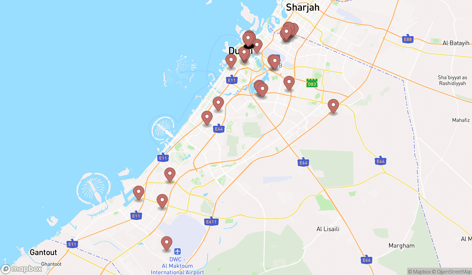 Map showing the search results in Dubai