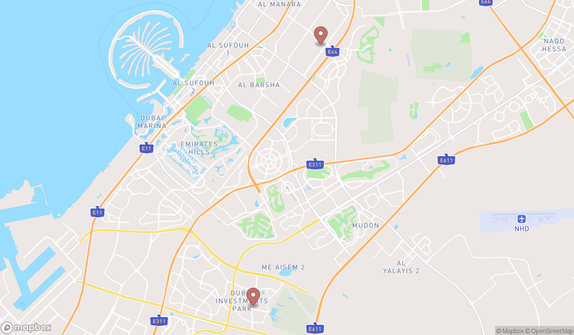 Map showing the search results in Dubai