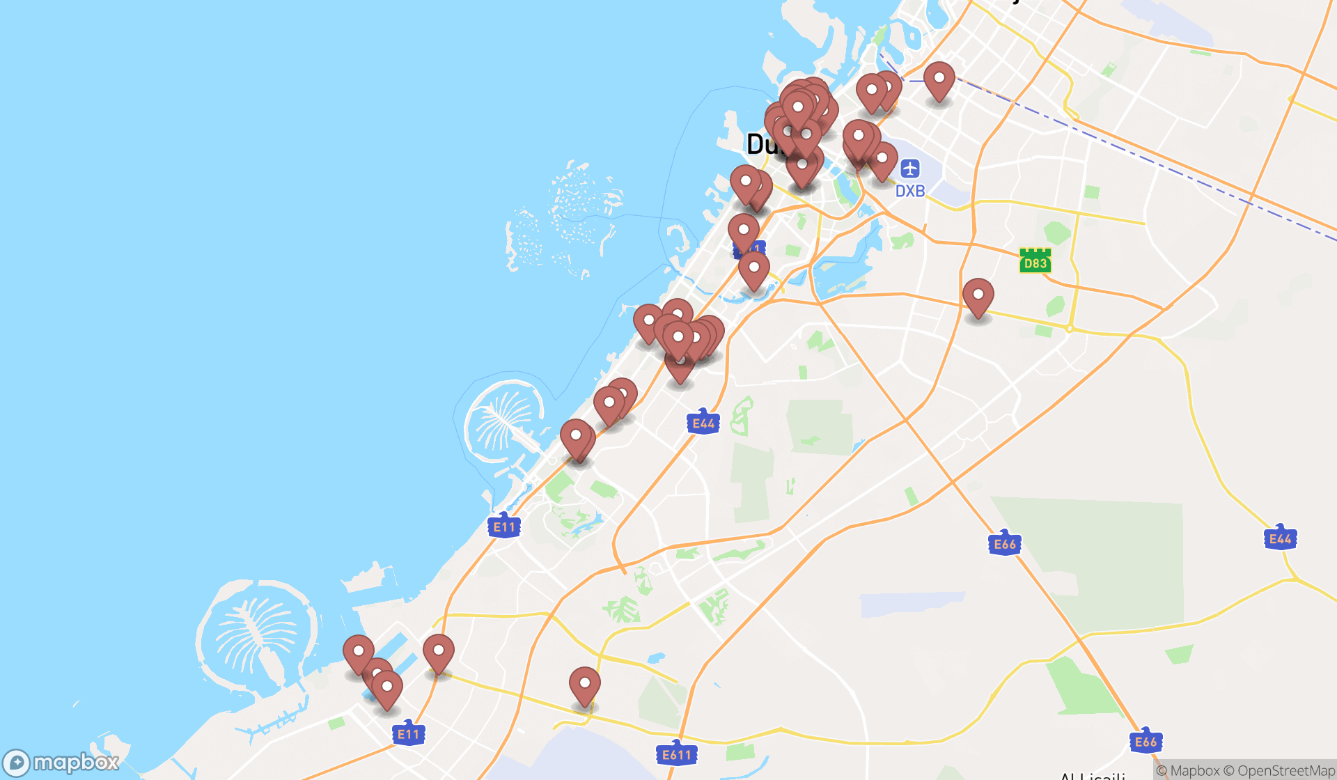 Map showing the search results in Dubai