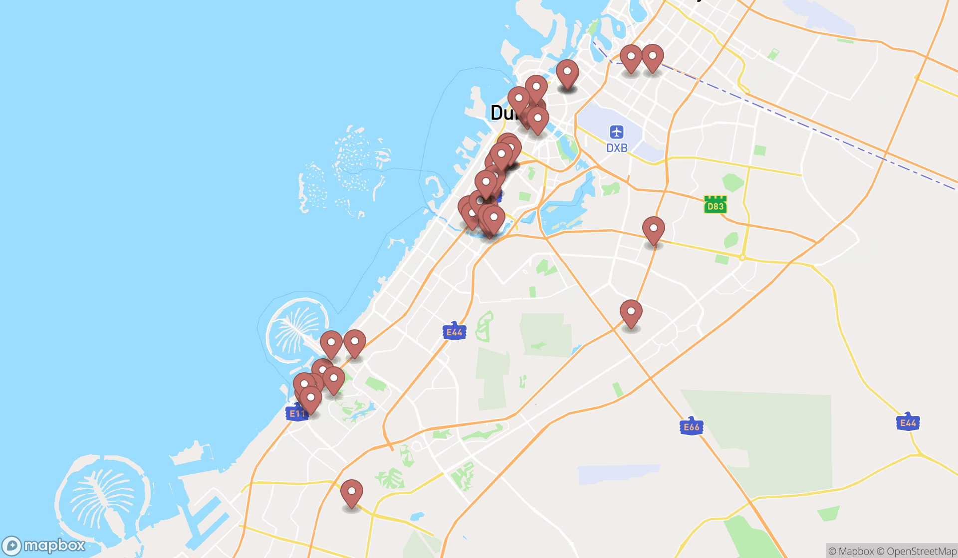 Map showing the search results in Dubai