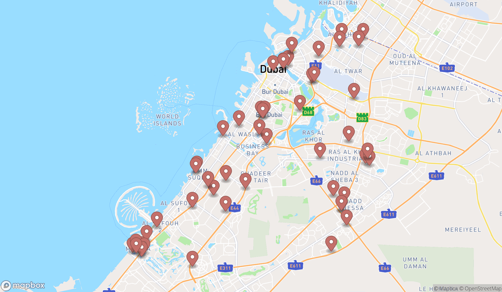 Map showing the search results in Dubai