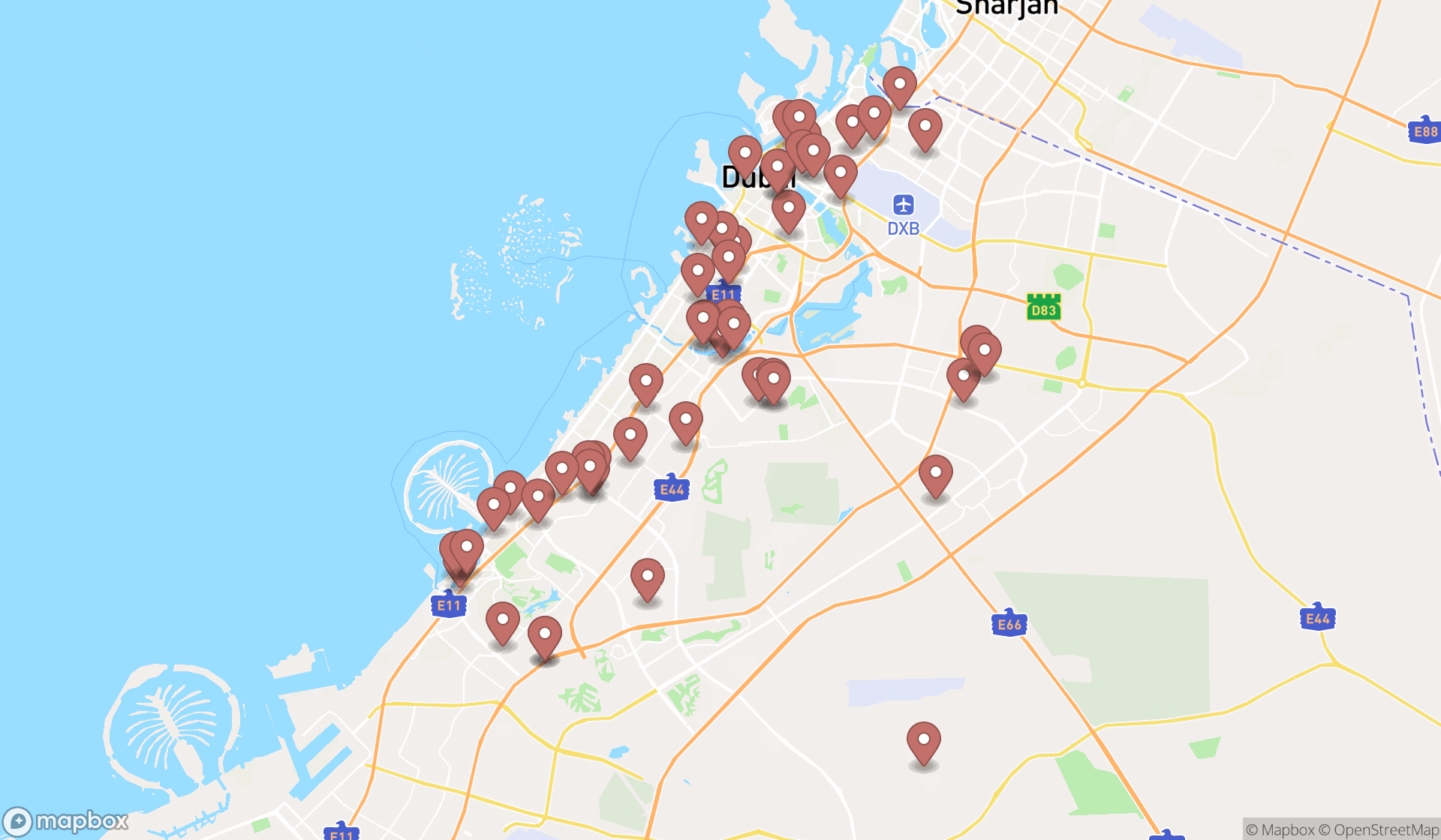 Map showing the search results in Dubai
